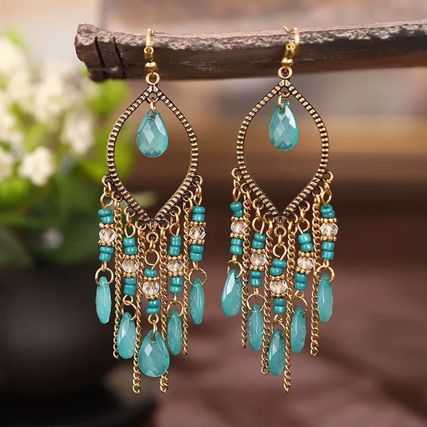 Cross-Border Bohemian Crystal Earrings, New Chinese-Style Ethnic Style Tassel Long Earrings, Dopamine Holiday Style Accessories