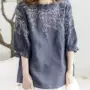夏季宽松灯笼袖碎花亚麻