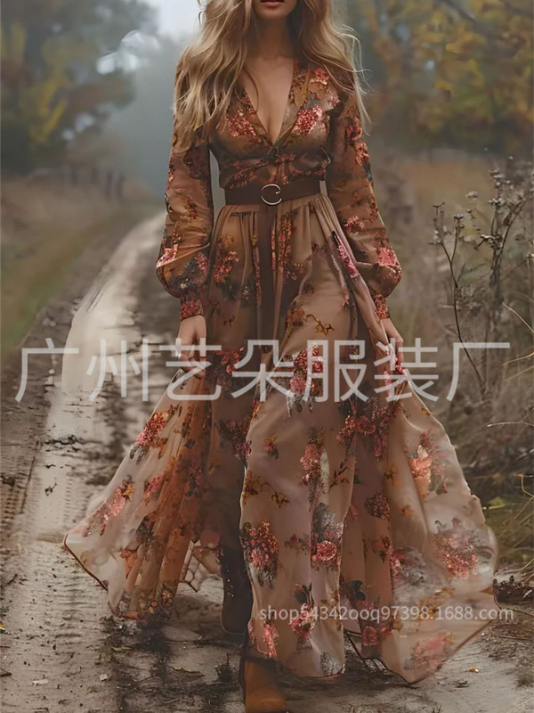 2024欧美女装 独立站 亚马逊 长袖 数码印花 V领长裙 连衣裙|undefined