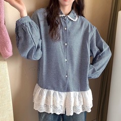 韩系2025新款甜美风蕾丝花边拼接娃娃领叠穿磨毛格纹衬衫女上衣潮