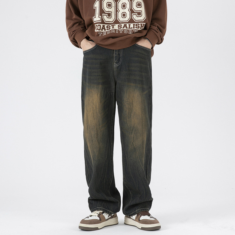 Tie-Dye Black Jeans for Men for All Seasons 2025 New American High Street Straight Handsome Loose Wide-Leg Pants Trendy