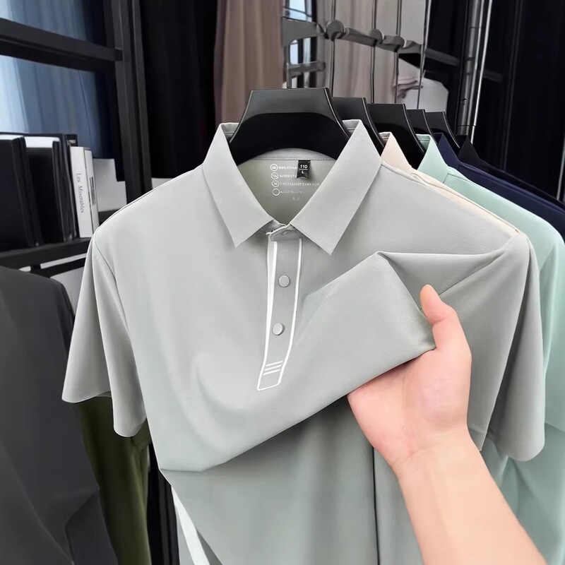 Popular Ice Silk Short-Sleeve Polo Shirt for Men, New Summer Style with a Turn-Down Collar, Solid Color Casual T-Shirt, Versatile Cool Top