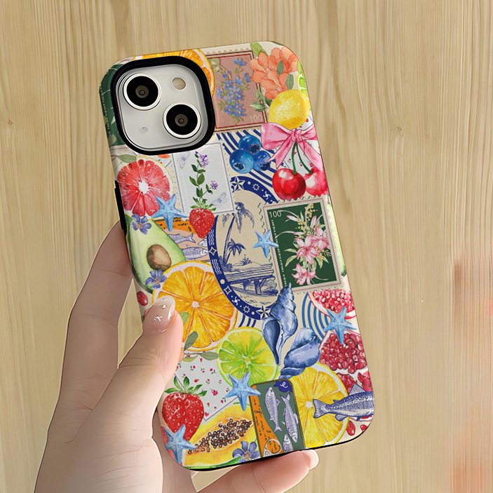 涂鸦水果海螺iPhone16promax苹果12手机壳15二合一磨砂菲林17女13