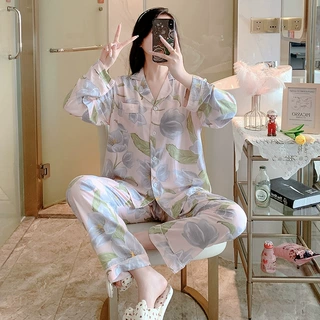 棉绸睡衣女夏季长袖开衫印花套装直播爆款韩版春夏大码人棉家居服