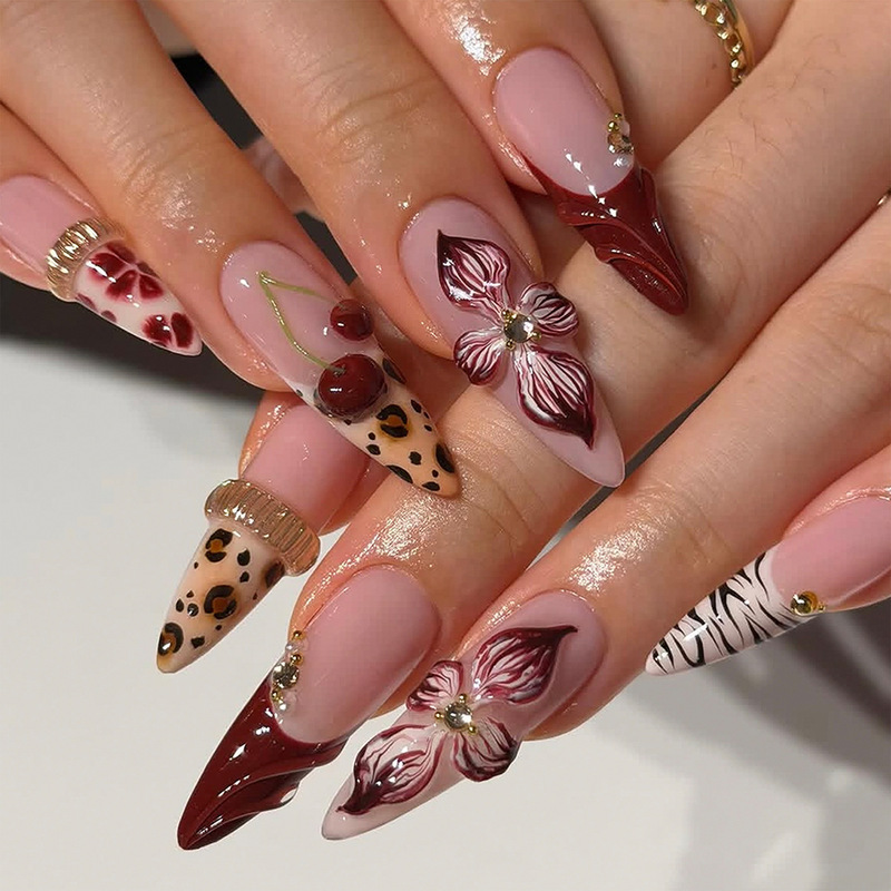 Le Fan Nail Art 3D Leopard and Zebra Print French Style Wearable Nails Extra Long Pointed Flower Cherry Foreign Trade False Nails Nail Tips Le Fan Nail Art 3D Leopard and Zebra Print French Style Wearable Nails Extra Long Pointed Flower Cherry Foreign Trade False Nails Nail Tips