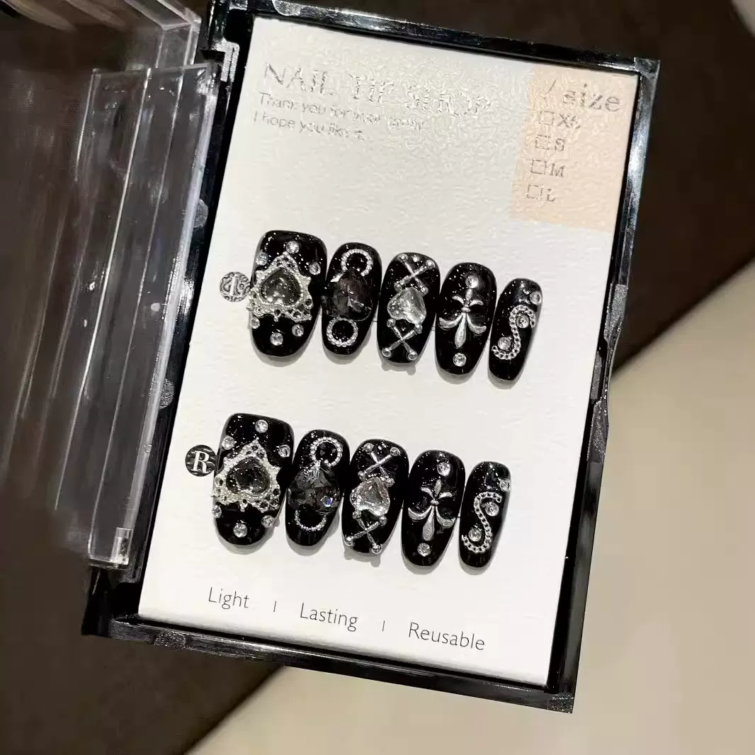 精品纯手工穿戴甲短款假指甲东海美甲贴片成品批发暗黑系钻可拆卸
