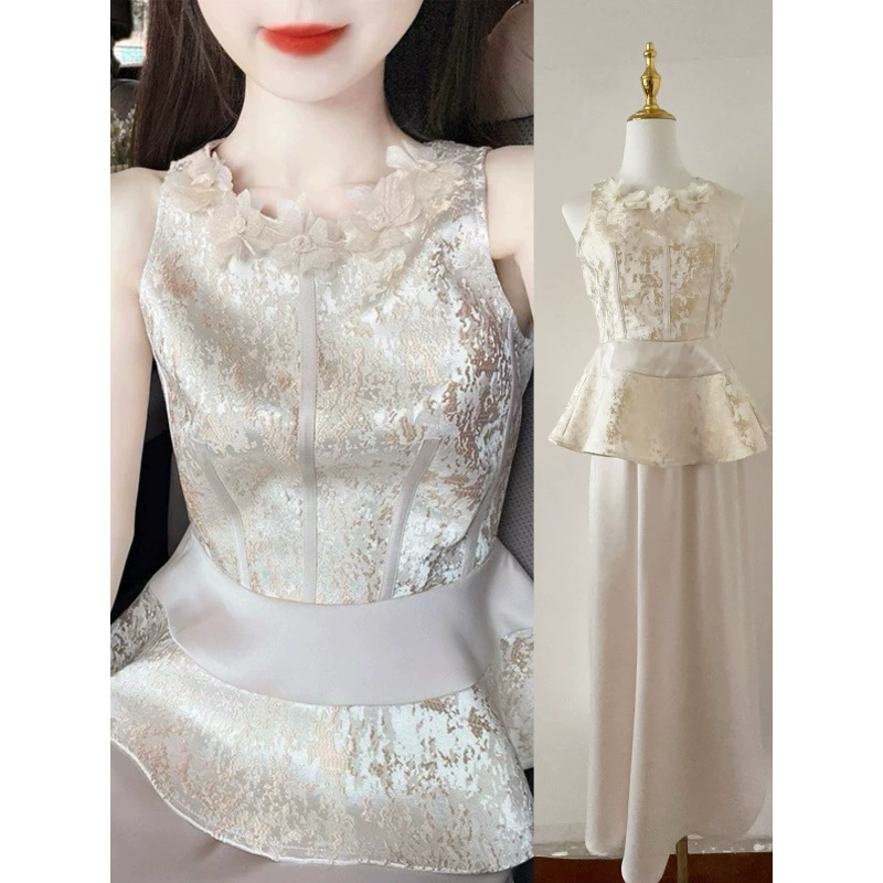 Новый комплект в китайском национальном стиле, создающий роскошное и благородное впечатление, состоящий из жаккардового топа без рукавов и атласной юбки, комплект из 101.3kg предметов.