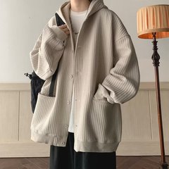 日系新型ワッフルカーディガン男春秋重ポンド純色フード付きゆるいファッションジャケットカップルコート