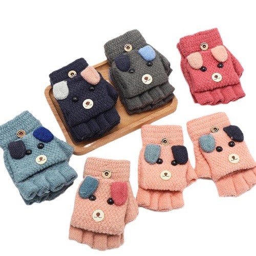Children's Foldable Mittens Winter Half-Finger Thickened for Boys, Writing Cold Protection, Five-Finger Medium and Large for Girls, Warm and Cute