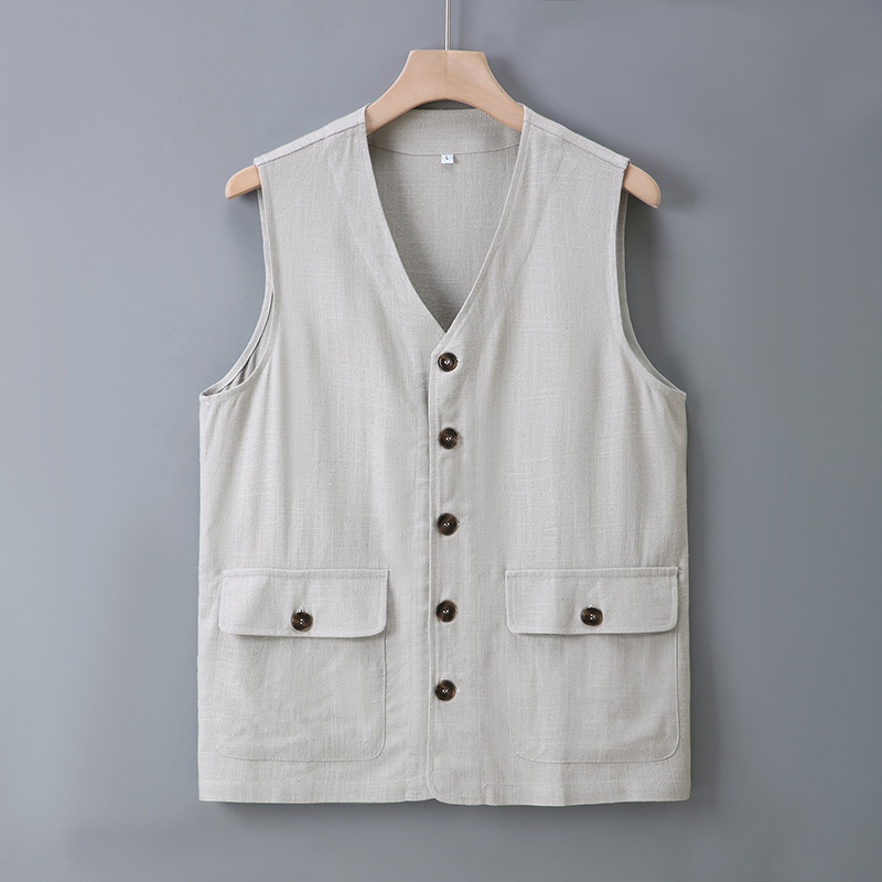 Chinese Style Summer Cotton and Linen Men's Vest Sleeveless Cardigan for Middle-Aged and Elderly, Linen Tang Suit Vest with Buttons