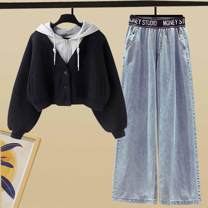 Damenbekleidung Jeansanzug & Archer0603 & zweiteiliger kurzer Kapuzenpullover Herbst-Damen-Spleißen mit schmaler und vielseitiger Wischhose mit weitem Bein_voghion.com