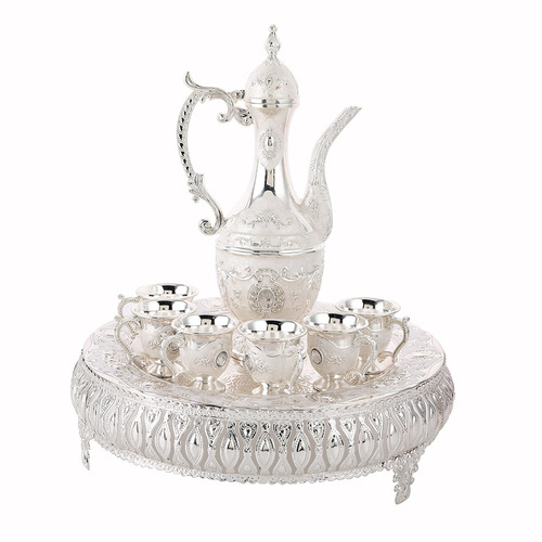 European-style fashion wine set with metal material base, wine glasses and wine jugs, embossed floral decoration, craft ornamental piece