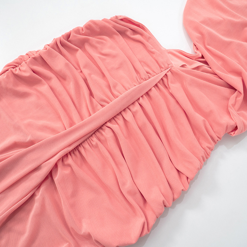 Women Clothing Spring Summer Solid Color Elegant Socialite Pleated Sexy Oblique Shoulder Dress Women