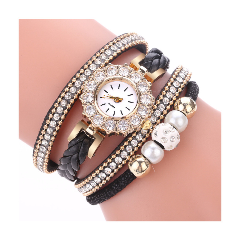 韩版时尚潮流手链表镶钻休闲绕圈手表速卖通小众个性珍珠钻石英表
