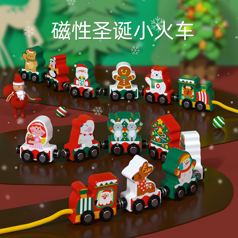 Tren de Navidad magnético para niños tren de tracción puzzle coche de juguete infantil educación temprana inteligencia regalos de Navidad de madera
