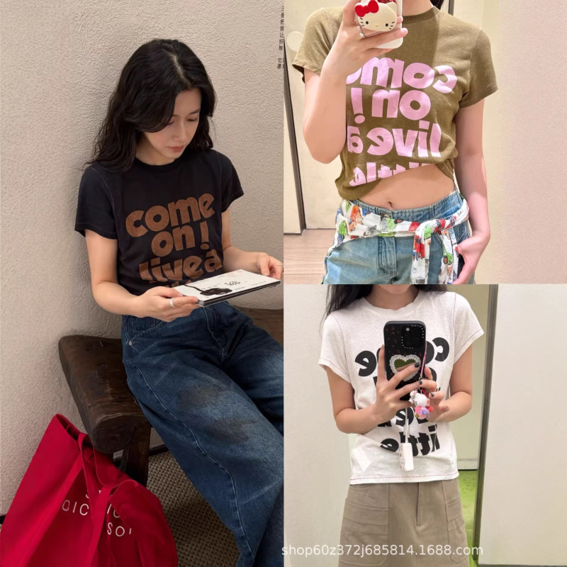 2026 Spring and Summer New Niche Design Simple Style Letter Printed Linen Cotton Round Neck Pullover Short-Sleeved T-Shirt for Women 2026 Spring and Summer New Niche Design Simple Style Letter Printed Linen Cotton Round Neck Pullover Short-Sleeved T-Shirt for Women