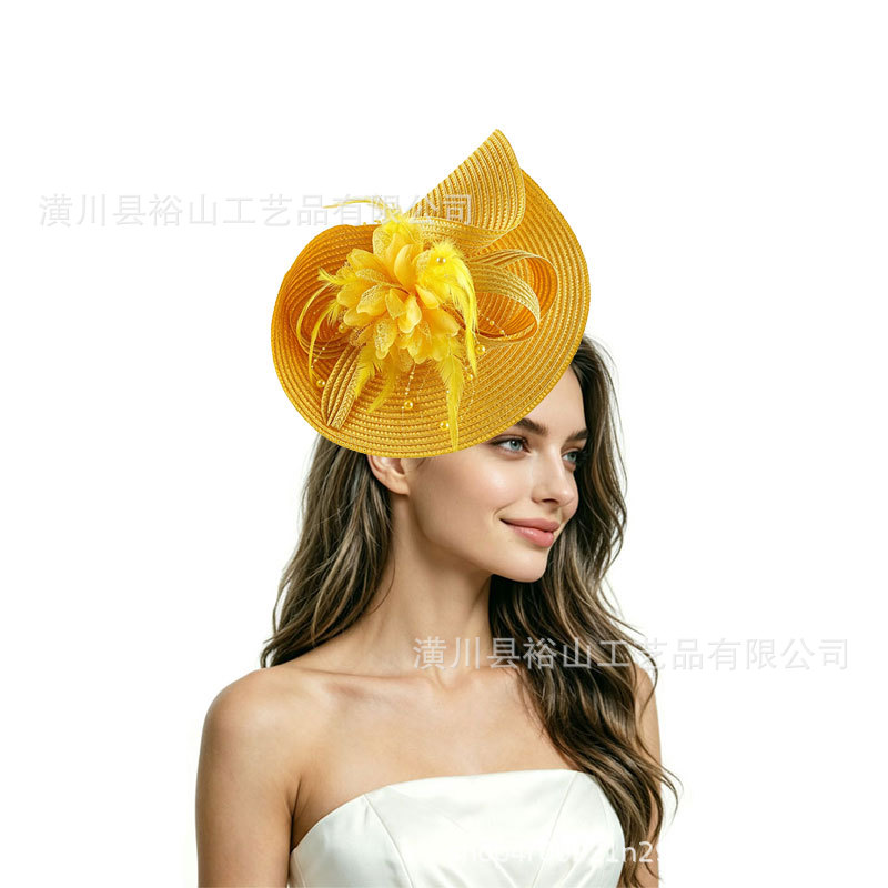 New British-style top hat with feathers, mesh, and flowers, suitable for horse racing events, banquets, weddings, and formal wear, elegant headwear wholesale