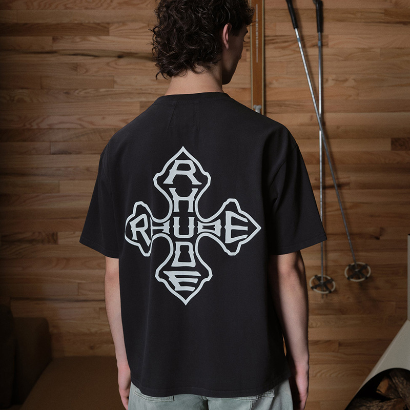 Cross-border Trendy Brand Rhude Cross Totem Letter Print American Vintage High Street Men's and Women's Loose Short-sleeved T-shirt