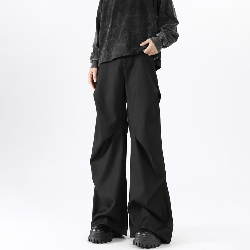 Live American-style High Street Pleated Mop Micro-horn Black Pants Men's High-end cleanfit Casual Pants Live American-style High Street Pleated Mop Micro-horn Black Pants Men's High-end cleanfit Casual Pants
