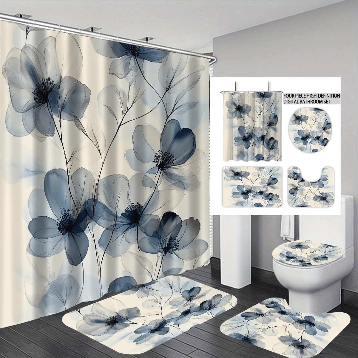 Agente de poliéster Mei Ke más cortina de baño impermeable serie de agua floral 3D impresión digital cortina de baño cuatro piezas alfombra absorbente