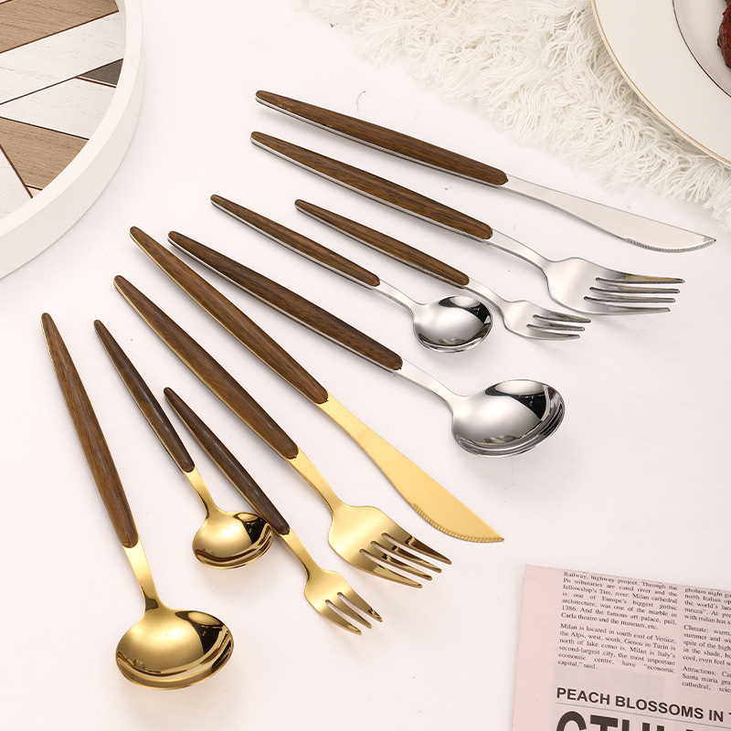 430不锈钢仿木柄刀叉勺葡萄牙西餐餐具夹柄餐具日式餐具木纹餐具