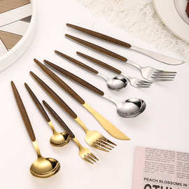 430不锈钢仿木柄刀叉勺葡萄牙西餐餐具夹柄餐具日式餐具木纹餐具