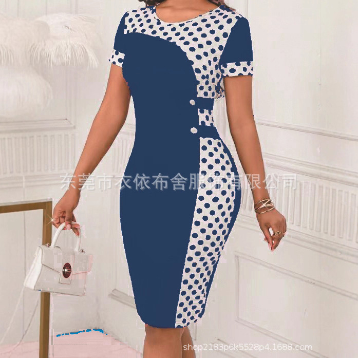 Elegant European and American Style Irregular Polka Dot Print Dress, Round Neck Buttoned Bodycon Dress Elegant European and American Style Irregular Polka Dot Print Dress, Round Neck Buttoned Bodycon Dress