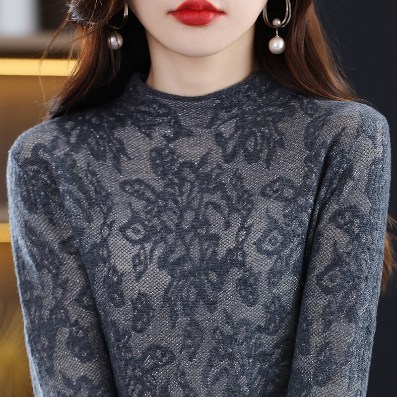 Spring and Autumn thin European-style elegant slightly transparent Jacquard knitted bottoming shirt women's half turtleneck long sleeve hollow-out slimming sweater