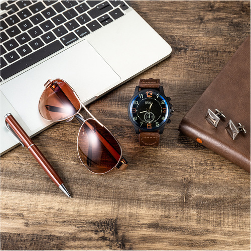 Men's watch gift casual business blue light glass quartz watch + pen + cuff + sunglasses eyes 3-piece set