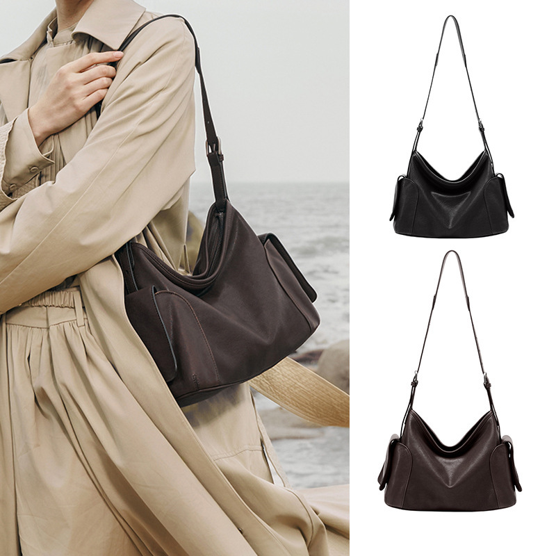 Genuine Leather Vegetable-Tanned Sheepskin Hobo Bag with Large Capacity, Double Handles, Single Shoulder Crossbody Bag, Commuter Underarm Bag for Women
