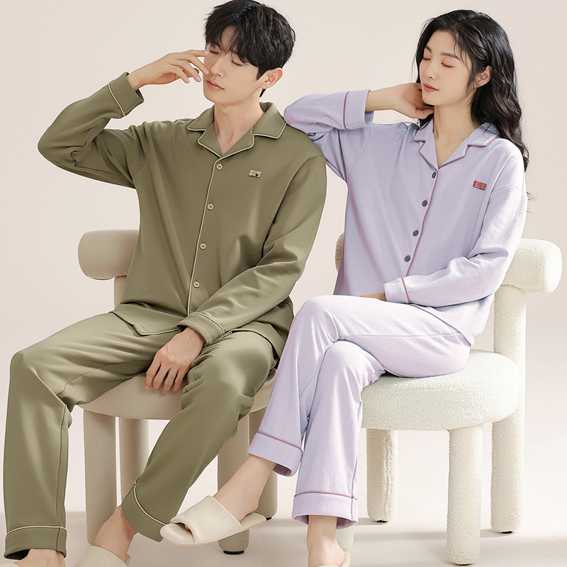 항균 통기성 순면 커플 잠옷 봄과 가을 긴 소매 바지 가디건 옷깃 플러스 사이즈 세트 남성 및 여성 홈 옷