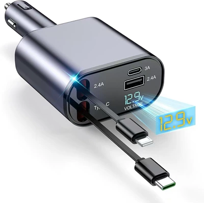 Car Charger 120W Super Fast Charging Retractable Cable Four-In-One Car Charger Car Cigarette Lighter Huawei Apple Head Car Charger