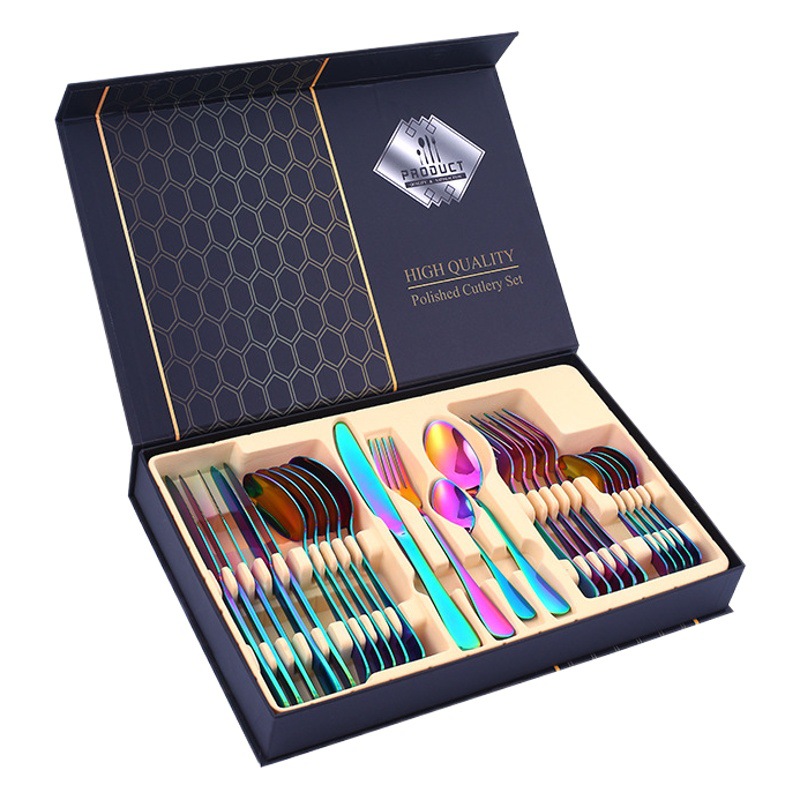 Acero inoxidable 1010 serie vajilla occidental transfronteriza Amazon cuchillo de carne, tenedor y cuchara traje de caja de regalo de 24 piezas