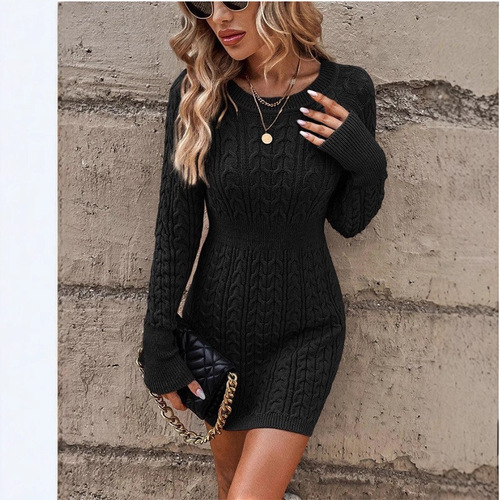 European and American cross-border independent station nisi s Internet celebrity sexy bag hip woven pattern waist waist solid color knitted wool dress in stock