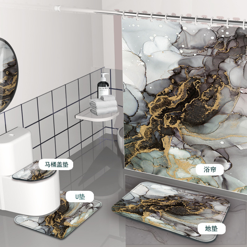 Cortina de baño de textura de mármol amazónico impermeable a prueba de moho baño de cuatro piezas cortina de baño impermeable a prueba de agua image 1