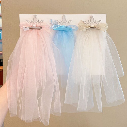 Princess floating gauze crown hairpin children's cute Korean style veil hair accessories girls super fairy three-dimensional bright diamond photo headdress