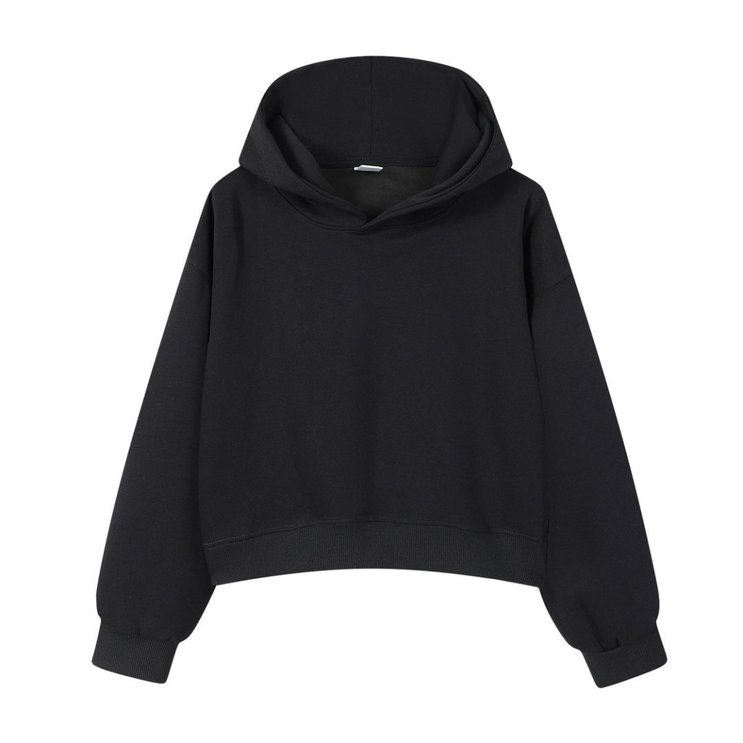Marca de moda de color sólido con capuchón de plata, camiseta corta de hombro para mujeres otoño y invierno pesado 450g con camiseta con capuchón cálida y casual