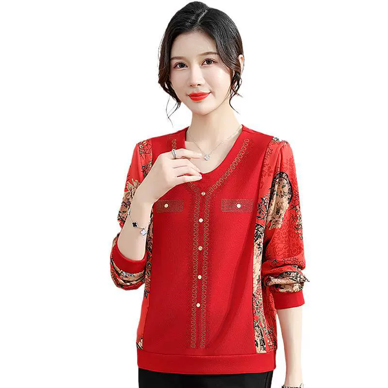 Женская одежда среднего и пожилого возраста с V-образным вырезом с длинными рукавами для весны