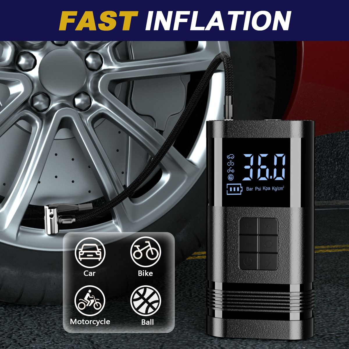 Wireless Car Air Compressor, Digital Display Automatic Charging and Shut-Off Tire Inflator, Portable Emergency Lighting Car Air Pump