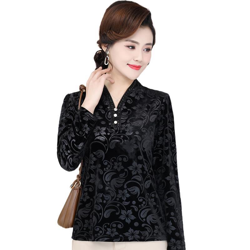 Middle-Aged and Elderly Mother's Clothing 2025 Early Autumn Black Jacquard Gold Velvet Long-Sleeved T-Shirt Bottoming Shirt Slimming Look V Neck Top for Women