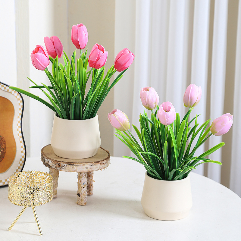 Planta artificial de tulipán minimalista de lujo ligero, planta en maceta, adorno decorativo moderno para sala de estar, mueble de TV, planta artificial en maceta verde.
