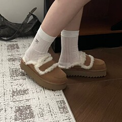 桑坡村2025年新作厚底ロールエッジ文字刺繍入り小太り風牛革ウール裏地スリッパ