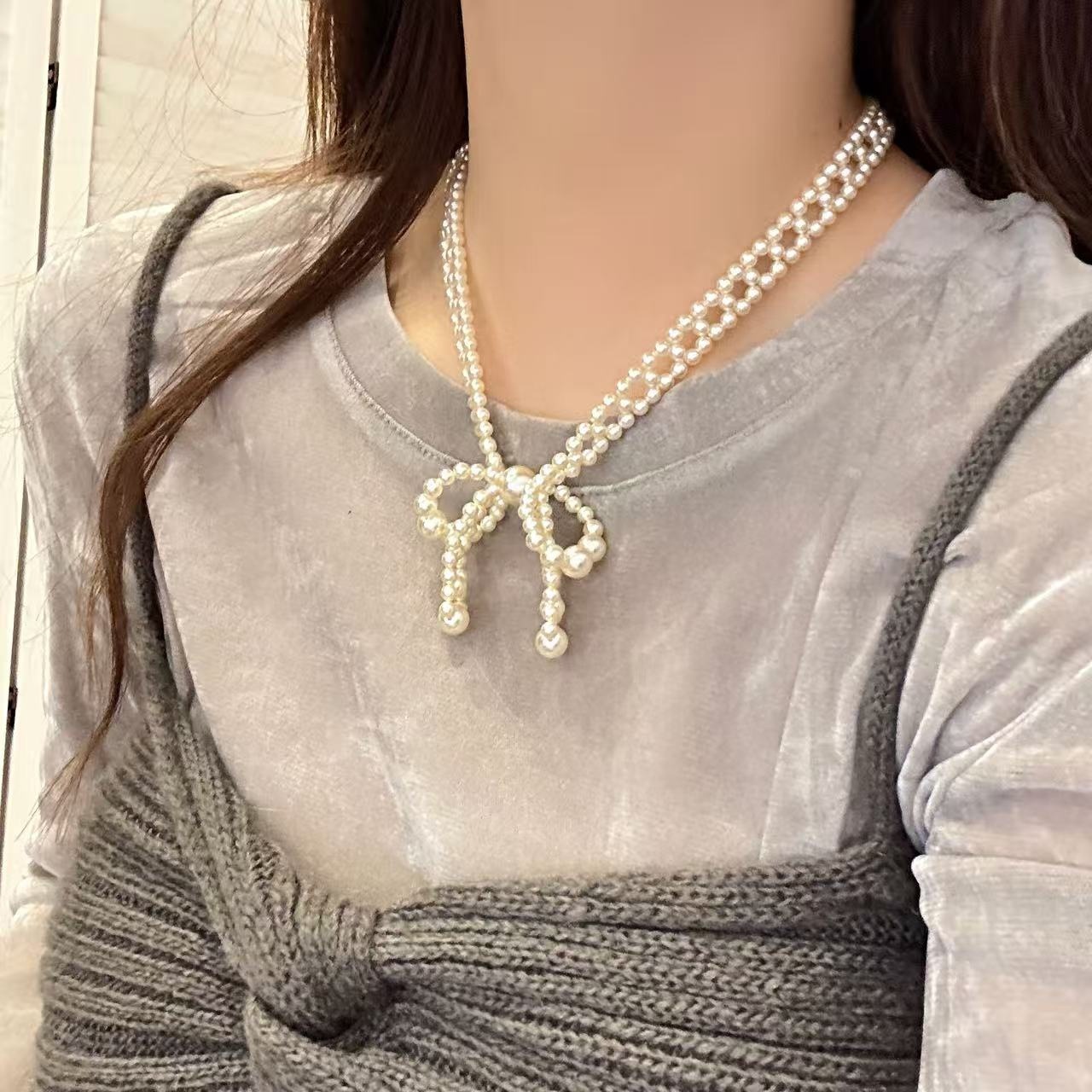 프렌치 리본 진주 목걸이 데일리 쇄골 체인 남녀공용 패션 액세서리