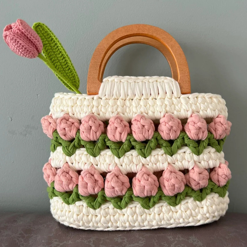 Línea de tela de bricolaje tejida a mano Bolso de tulipán Bolso de material Bolso para novias generosas y dulces