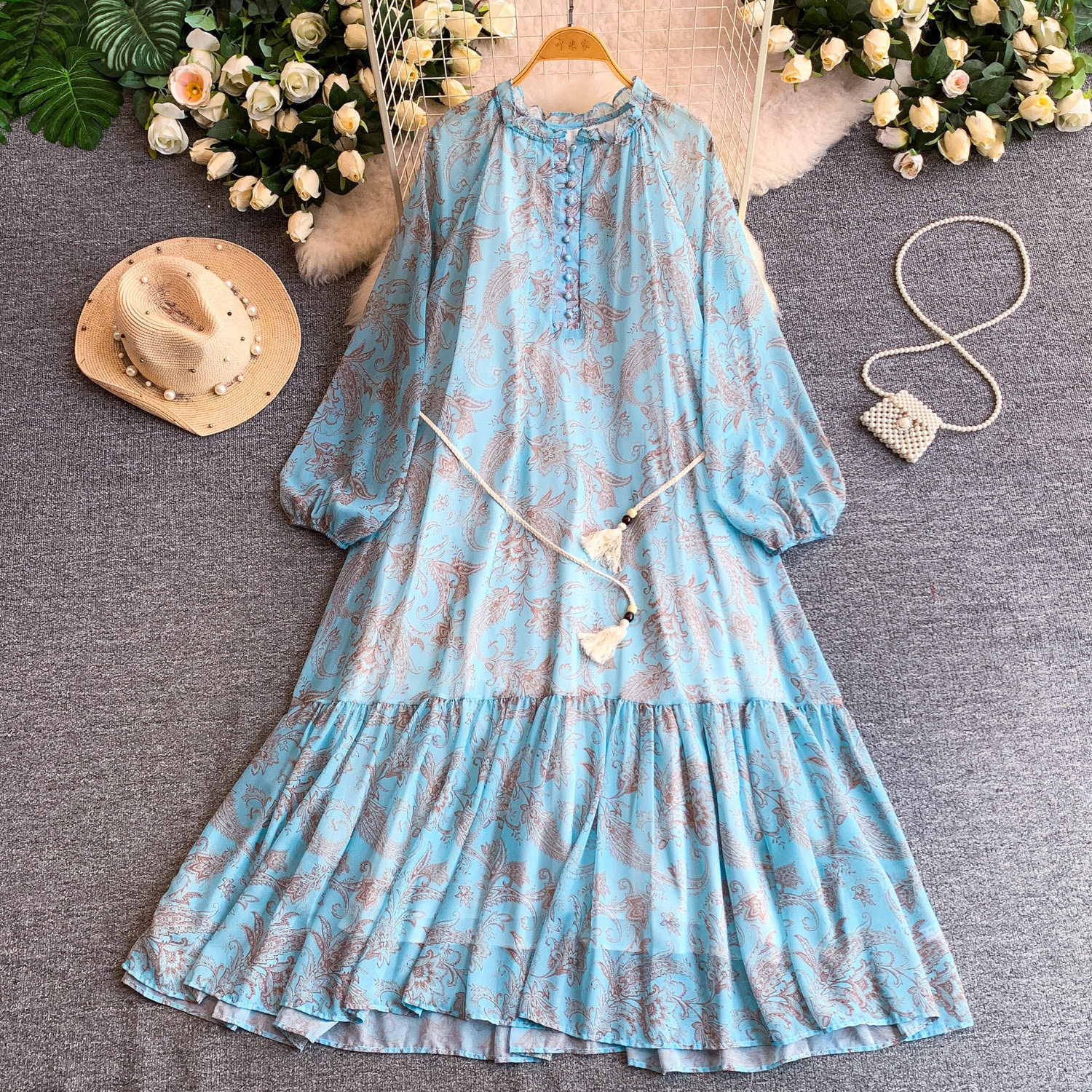 Elegant French Style Long Sleeve Dress Ruffled Collar Rope Waist Cinching Chiffon Printed Maxi Summer Retro Dress_ecoleips.com