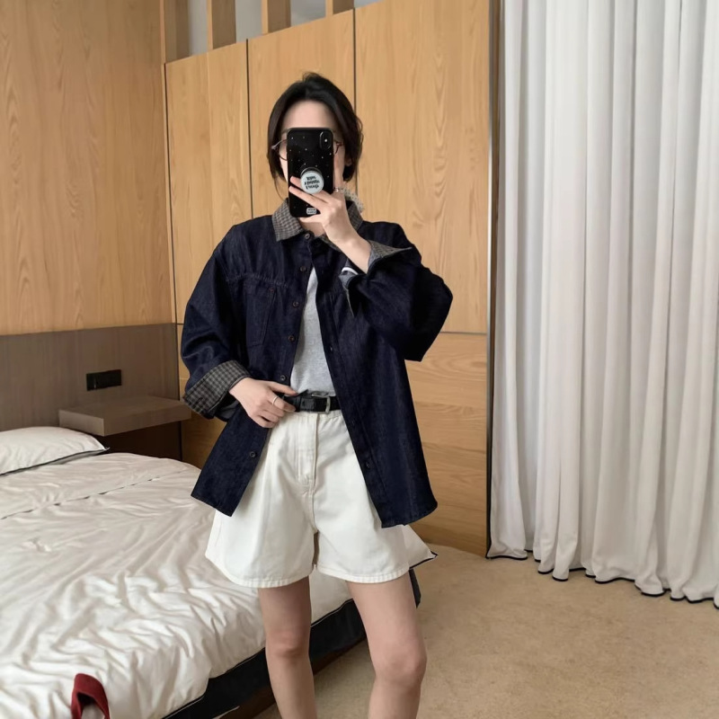 Plaid Denim Shirt 2026 Spring New Style Korean Fashion Asymmetrical Pure Color Large Size Shirt for Women 94132 Plaid Denim Shirt 2026 Spring New Style Korean Fashion Asymmetrical Pure Color Large Size Shirt for Women 94132