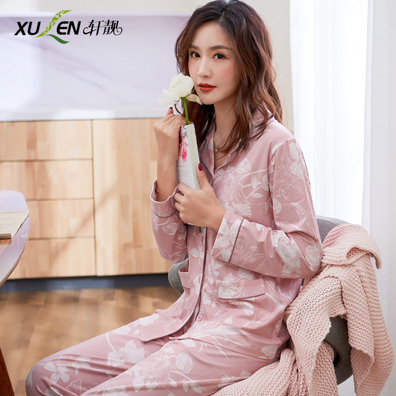 Pijamas de las mujeres primavera y otoño primavera manga larga 100% algodón Delgado homewear más tamaño suelto traje de mamá de mediana edad