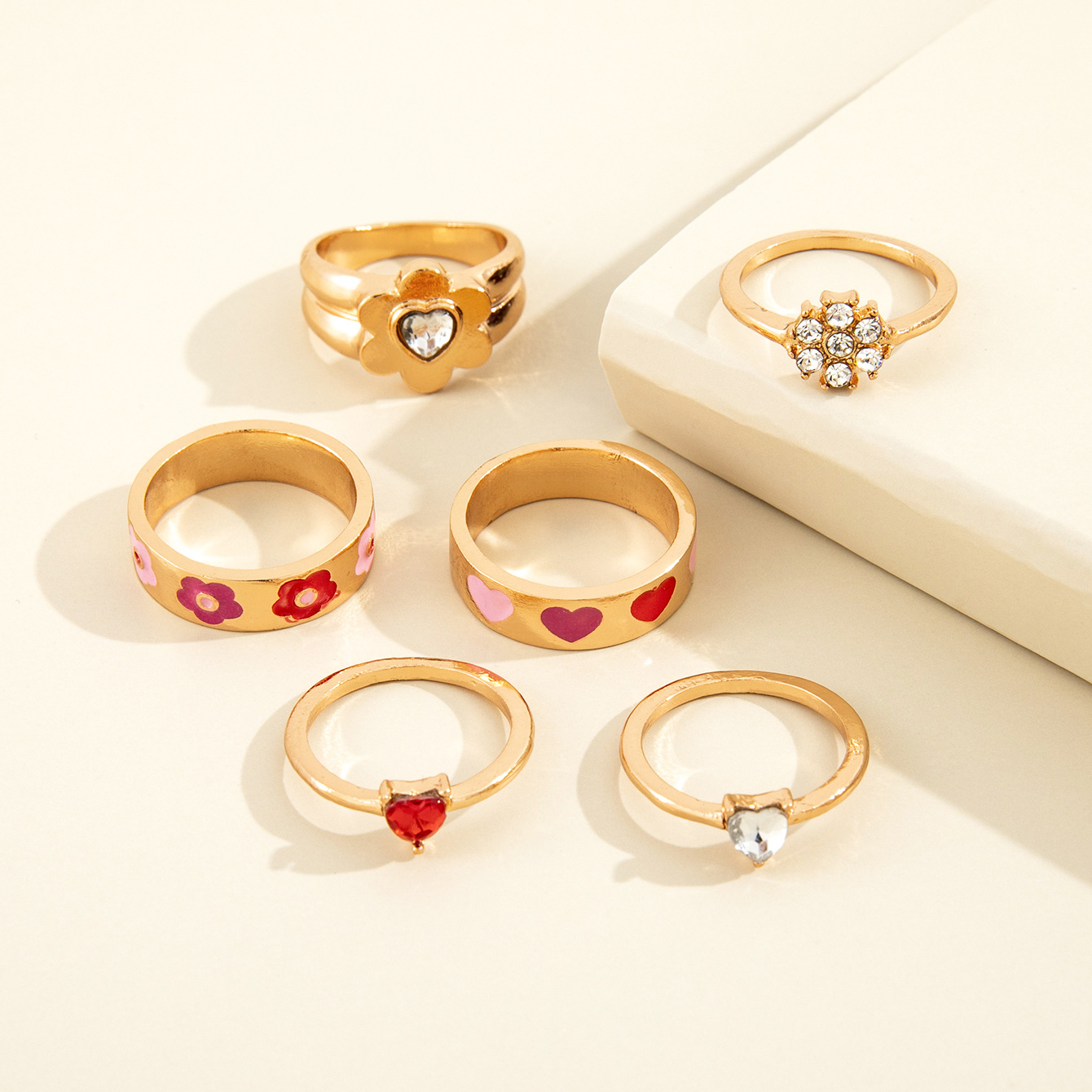 European And American Cross-border New Product Retro Color Love Flower Rhinestone Joint Ring Fashion Six-piece Set display picture 5