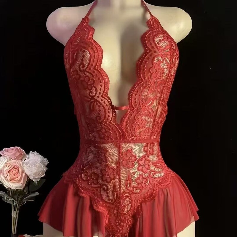 Cross-border European and American transparent lace hollow-out slim-fit seductive erotic bodysuit women's sexy lingerie Amazon foreign trade