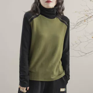 新款高领打底衫女双面德绒女上衣撞色拼接休闲百搭时尚显瘦